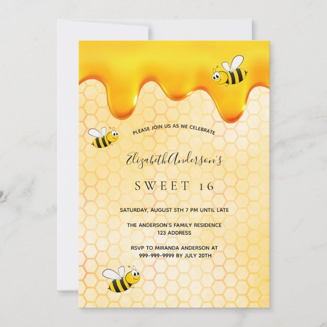 Invitación Abejas dulces de 16 fiestas de panal de miel (Anverso)