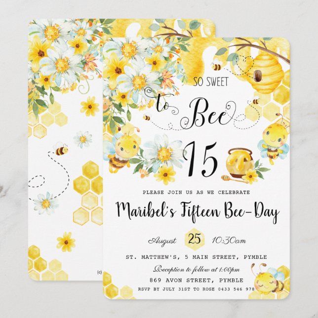 Invitación Abejas tan dulces para ser quinceanera de 15 años (Anverso / Reverso)