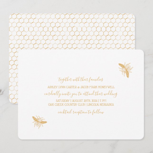 Invitación Abejas y Boda del patrón de abejas doradas 2 (Anverso / Reverso)
