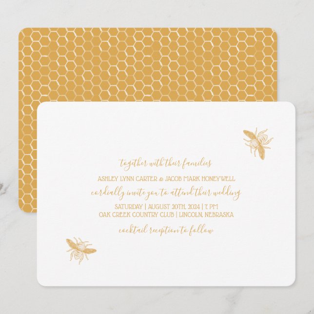 Invitación Abejas y Boda del patrón de Honeycomb dorado (Anverso / Reverso)