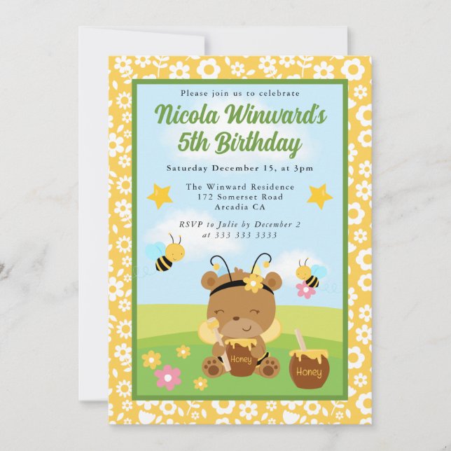 Invitación Abejas y ositos niños cumpleaños (Anverso)