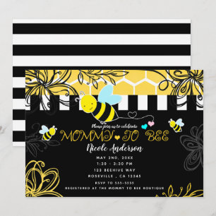 Invitación Abejorro Negro y Amarillo Baby Shower Mamá a ser A