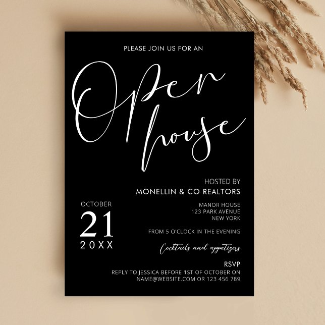 Invitación Abierto comercial con el logotipo de Black Script  (Elegant Open House Marketing Flyer in a modern black and white design)