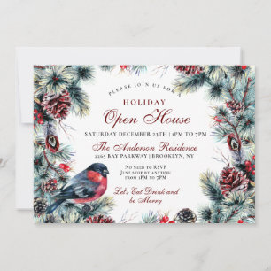 Invitación Abierto de feriado para navidades Wreath & Red Bir