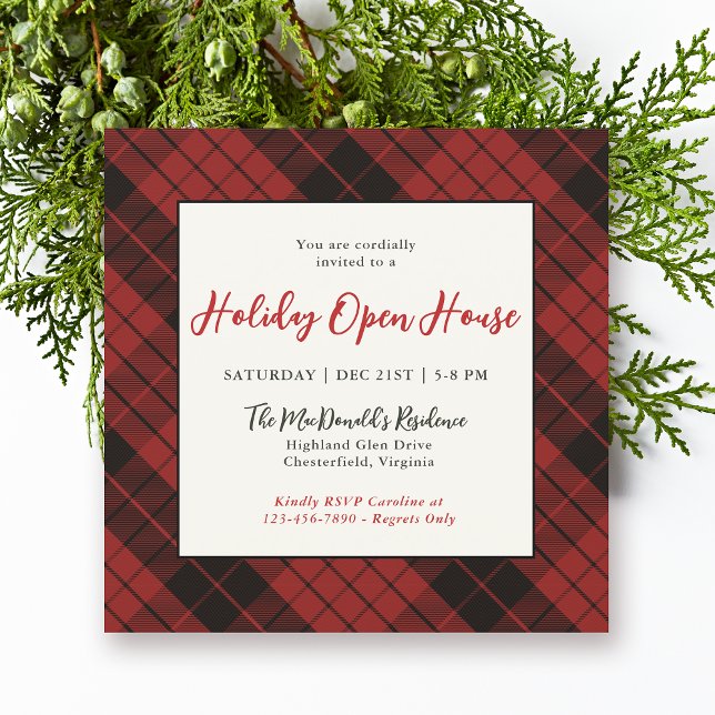 Invitación Abierto de Feriado Rojo Navidades Rústicos (Available in both printed and instant download digital formats.)