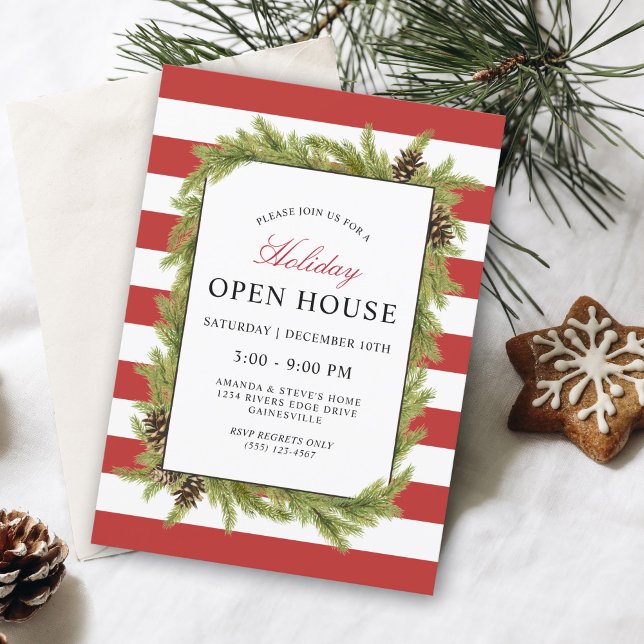Invitación Abierto de Fiestas de Evergreens y Stripes (A festive holiday open house invitation in red and white stripes with evergreens.)