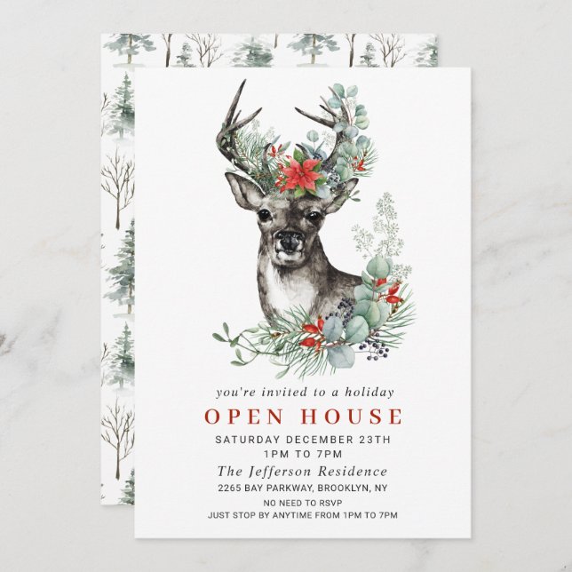 Invitación Abierto de navidades Deer Poinsettia (Anverso / Reverso)