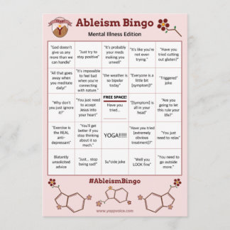Invitación Ableism Bingo Card Mental Illness Edition