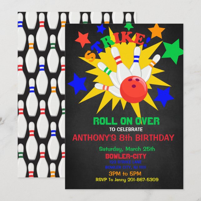 Invitación Abran... Fiesta de cumpleaños de la bolera de la H (Anverso / Reverso)