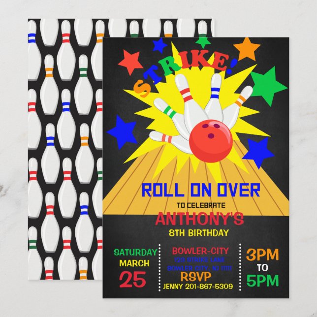 Invitación Abran... Fiesta de cumpleaños de la bolera de la H (Anverso / Reverso)