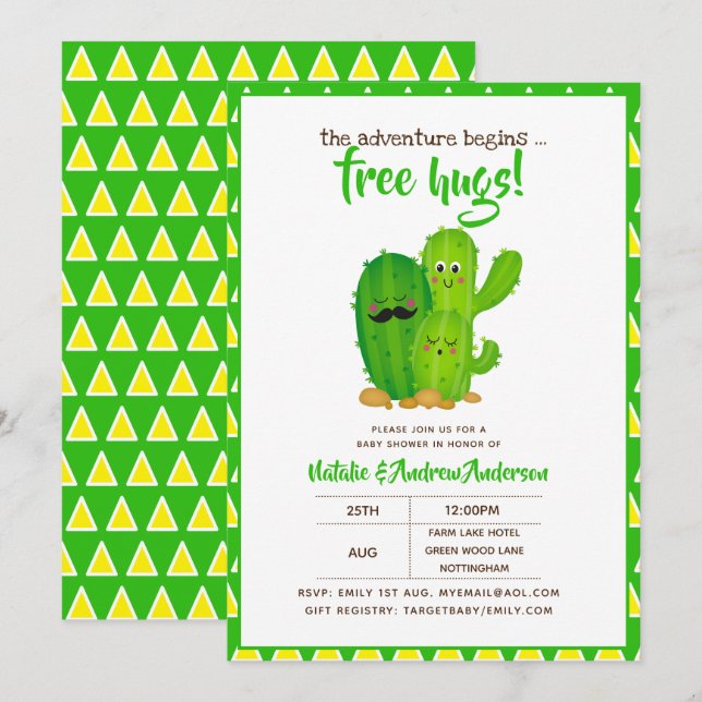 Invitación Abrazos gratis Familia Cacti Verde Amarillo modern (Anverso / Reverso)