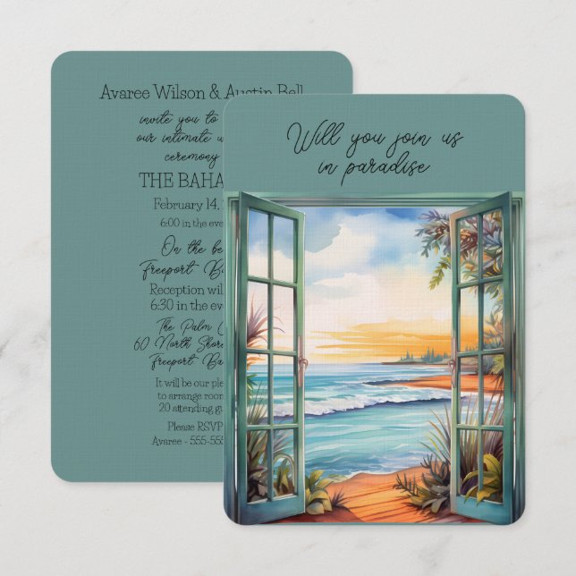 Invitación Abrir ventana de la escena de playa Paraíso tropic (Anverso / Reverso)