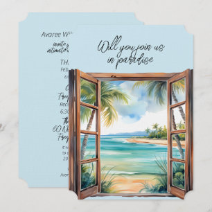 Invitación Abrir ventana de la escena de playa Paraíso tropic