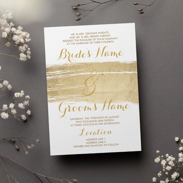 Invitación Abstract Artsy White Gold Brushstrokes Wedding (Abstract Artsy White Gold Brushstrokes Wedding )
