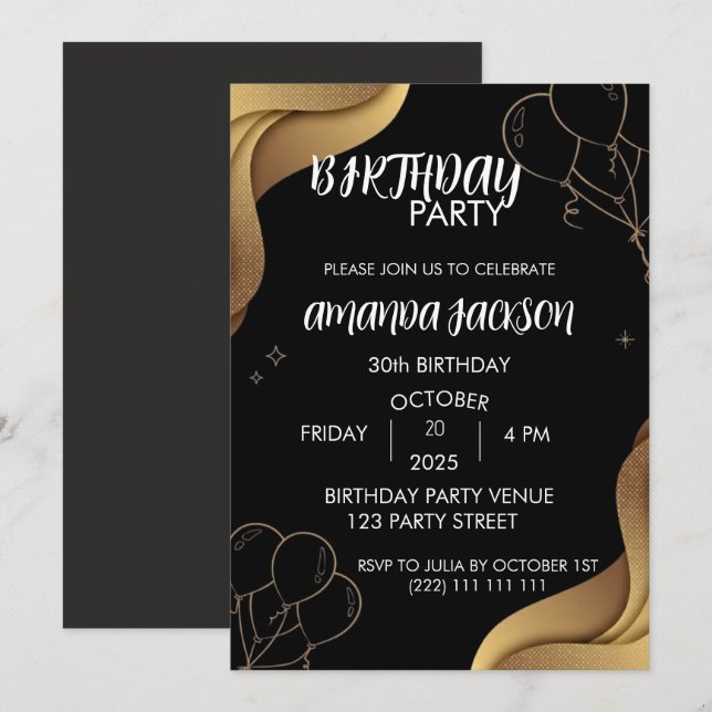 Invitación Abstract Black Gold 30th Birthday Invitation (Anverso / Reverso)