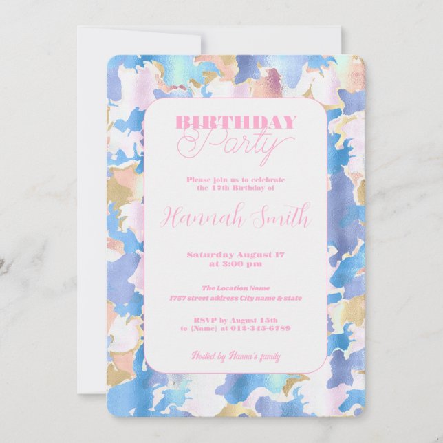 Invitación Abstract Camouflage Style Blue Pink Gold Design (Anverso)