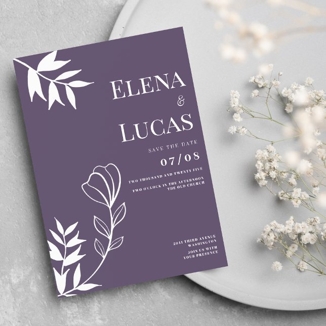 Invitación Abstract dusty purple white sketch floral wedding (Abstract dusty purple white sketch floral wedding)