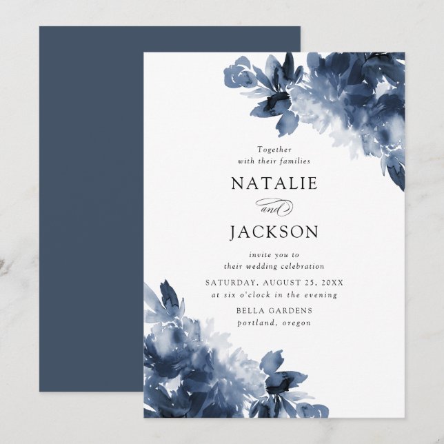 Invitación Abstract Indigo Floral | Boda (Anverso / Reverso)