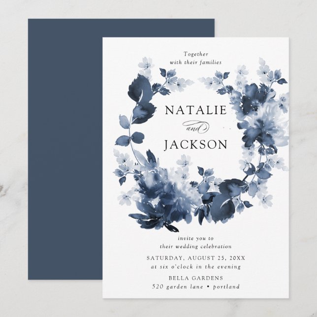 Invitación Abstract Indigo Floral | Boda (Anverso / Reverso)