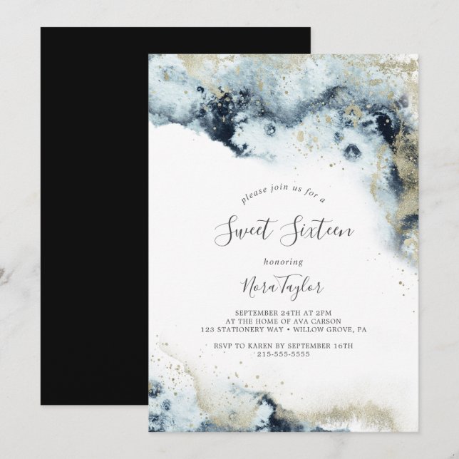 Invitación Abstract Navy Watercolor Sweet 16 cumpleaños (Anverso / Reverso)