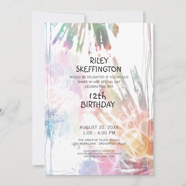Invitación Abstract Watercolor 12th Birthday Creative Splash (Anverso)
