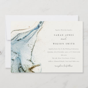 Invitación Abstract Watercolor Blue Gold Beach Boda