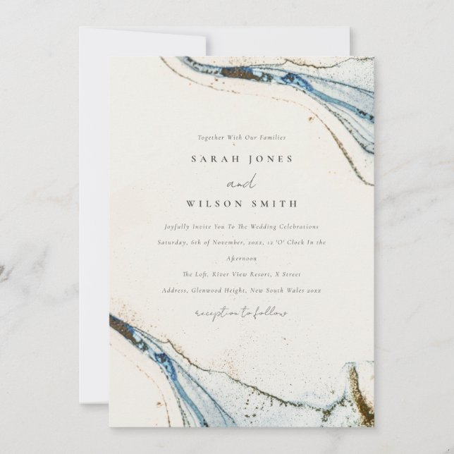 Invitación Abstract Watercolor Blue Gold Beach Boda (Anverso)