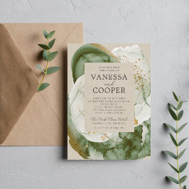 Invitación Abstract Watercolor Sage Green Gold Boda