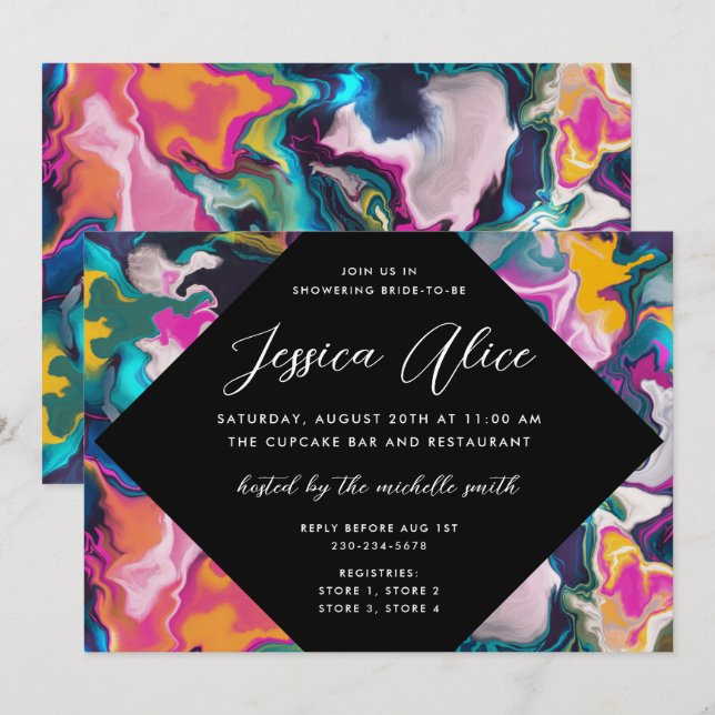 Invitación Abstracto brillante y colorido Marbling Bridal Sho (Anverso / Reverso)
