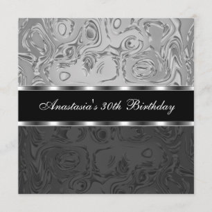 Invitación Abstracto Líquido Metal Plateado Negro Cumpleaños 