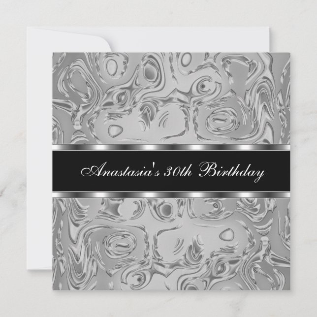 Invitación Abstracto Metal Líquido Plateado Cumpleaños 30 (Anverso)