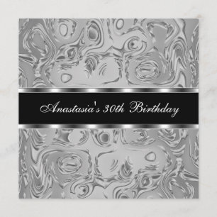 Invitación Abstracto Metal Líquido Plateado Cumpleaños 30