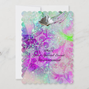 INVITACIÓN ABSTRACTO PURPLE PINK BLUE WAVS SEASHELLS,SPARKLES