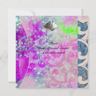 INVITACIÓN ABSTRACTO PURPLE PINK BLUE WAVS SEASHELLS,SPARKLES