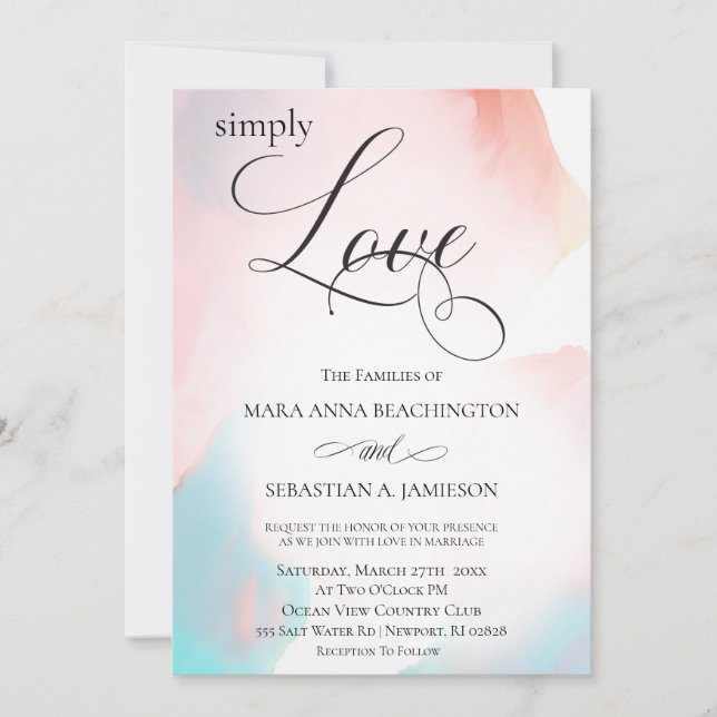 Invitación *~* Abstracto suave acuarela Coral Aqua Boda (Anverso)