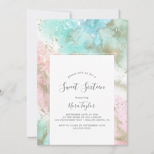 Invitación Abstracto Verano Acuarela Dulce Dieciséis Cumpleañ (Anverso)