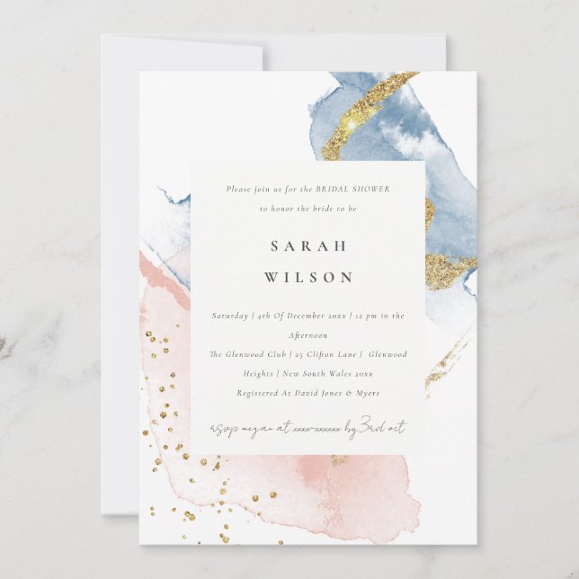 Invitación Abstrato acuarela dorada ducha azul rosa de novia (Anverso)