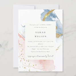 Invitación Abstrato acuarela dorada ducha azul rosa de novia