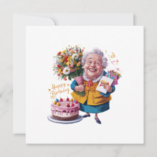 Invitación Abuela en bicicleta con pastel y globos