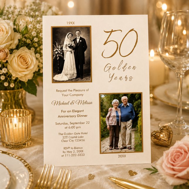Invitación Abuelos Celebración de 50 Años de Oro (Elegant ivory and gold 50th anniversary dinner invitation with romantic candlelight and vintage phot)