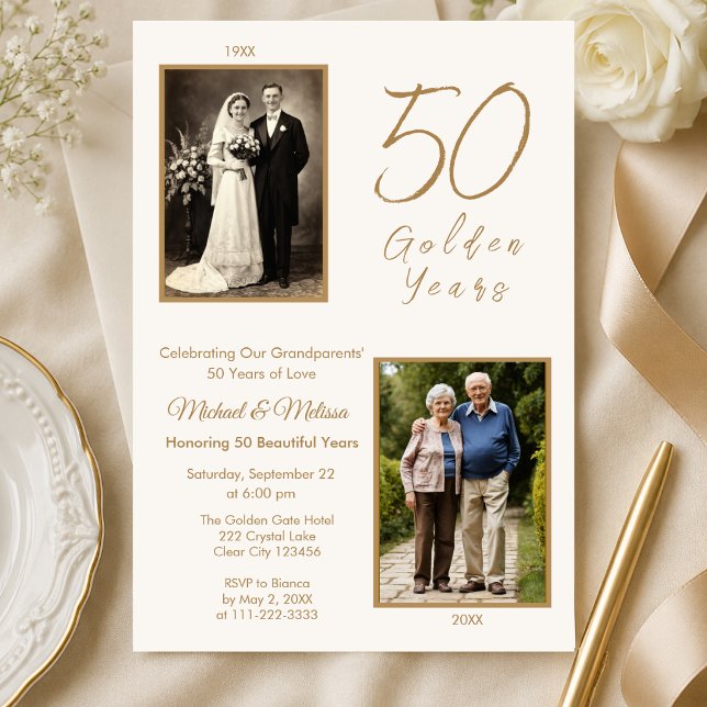 Invitación Abuelos Celebración de 50 Años de Oro (Elegant ivory and gold grandparents 50th anniversary invitation with photo)