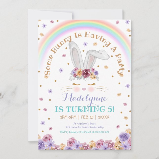 Invitación Abundancia arcoiris Acuarela Floral Bunny Cumpleañ (Anverso)