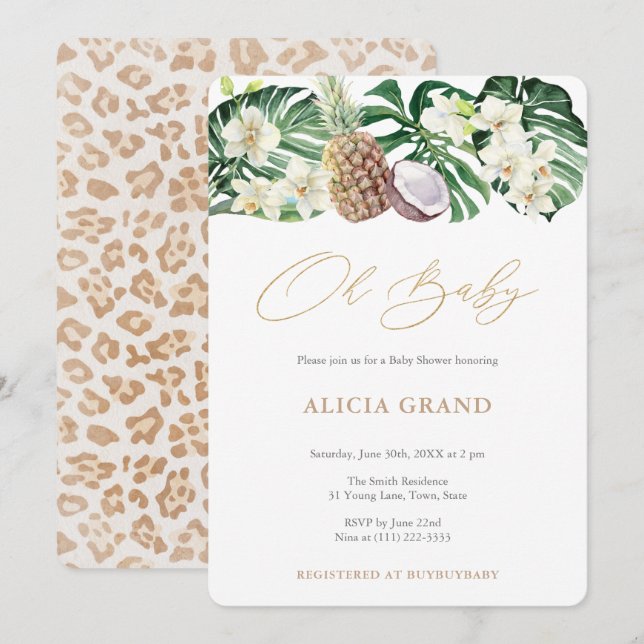 Invitación Abundant Jungle Plants Leopard Print Baby Shower (Anverso / Reverso)