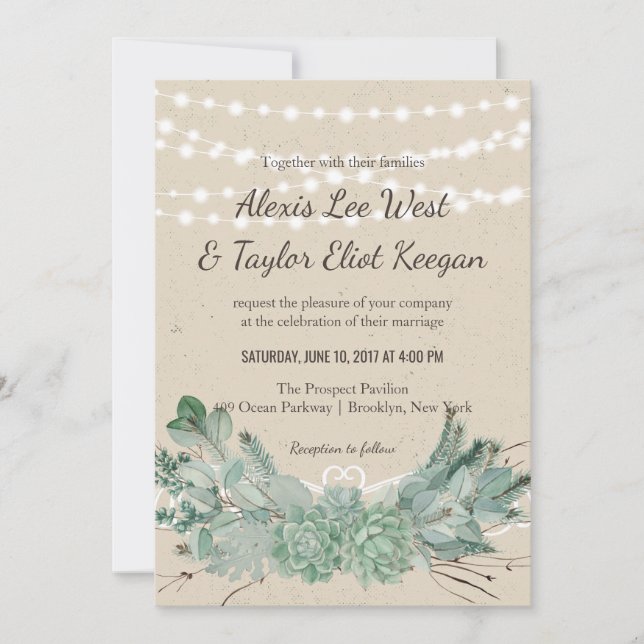 Invitación Abundant Love-Succulent String Lights Boda (Anverso)