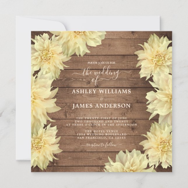 Invitación Abundante Boda de Madera Rústica de Flor Dahlia Am (Anverso)