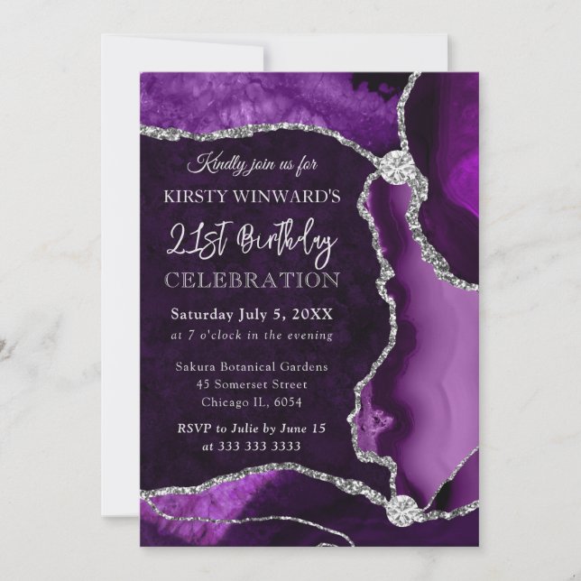 Invitación Abundante Purpurina de imitación morado y plateado (Anverso)