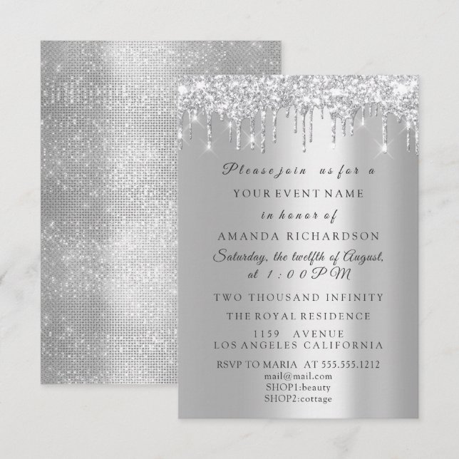 Invitación Abundante Purpurina Silver Gray Bridal Cumpleaños (Anverso / Reverso)