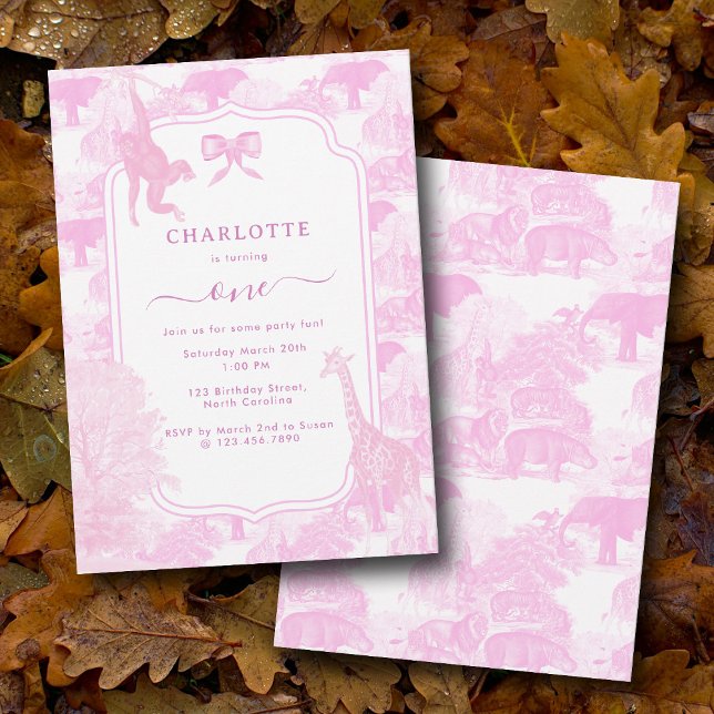 Invitación Abundantes animales salvavidas de tela rosa Chinoi (Pink Toile Safari Animals Chinoiserie Birthday Invitation)