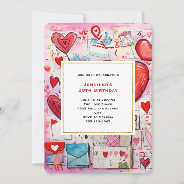 Invitación Abundantes corazones y letras de amor Patrón Cumpl (Anverso)