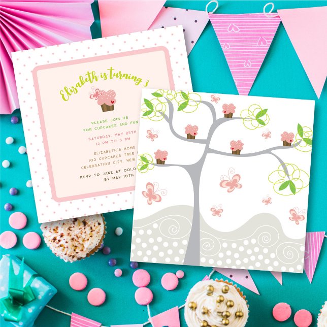 Invitación Abundantes pastelitos rosados Árbol dulce Chica (Whimsical Pink Cupcakes Tree Sweet Girl's Birthday Party Invitation @ fat_fa_tin)